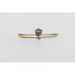 Unhallmarked yellow metal bar brooch with crowned 4 and set with diamonds, possibly a sweetheart