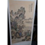 20th century Chinese scroll depicting a boat passing a palace in a mountain setting with figures