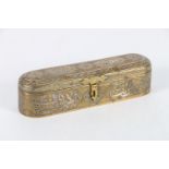 A 19th Persian brass pen box with decorative calligraphic panels inlaid in copper and silver, the