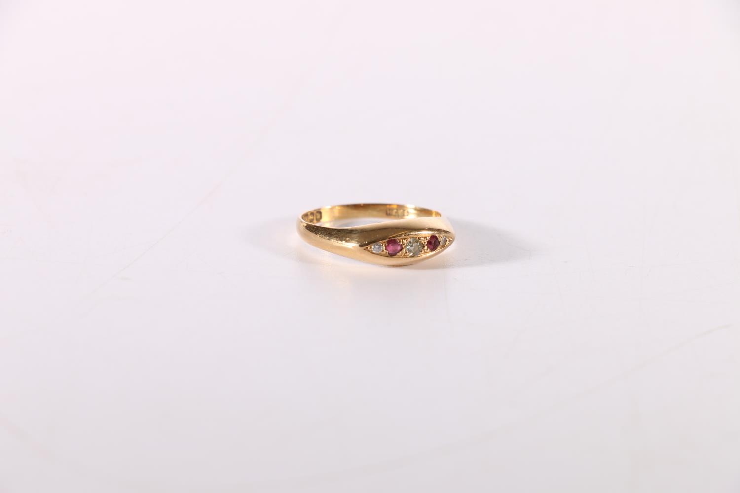 18ct gold ruby and diamond five stone dress ring, 2.5g