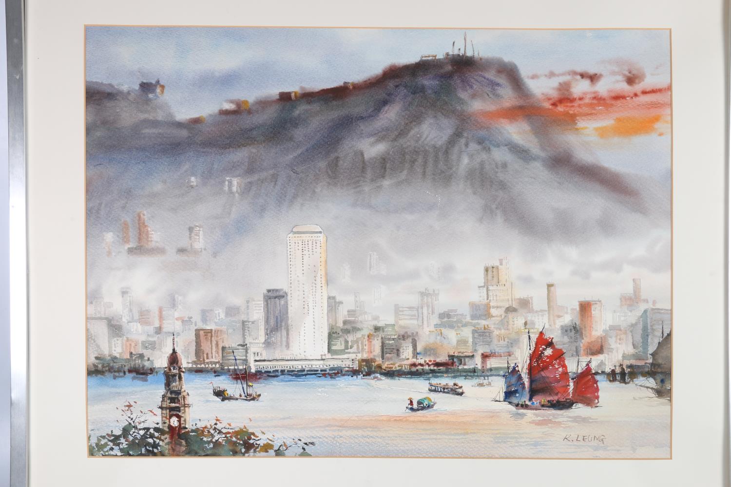 R LEUNG View of The Peak and Hong Kong harbour Signed watercolour, 56cm x 76cm