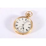 18ct gold cased open face keyless pocket watch by Benson of London, the white enamel dial with Roman