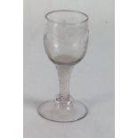 18th century ale glass with vine leaf and bird decoration to the lead glass, white spiral with