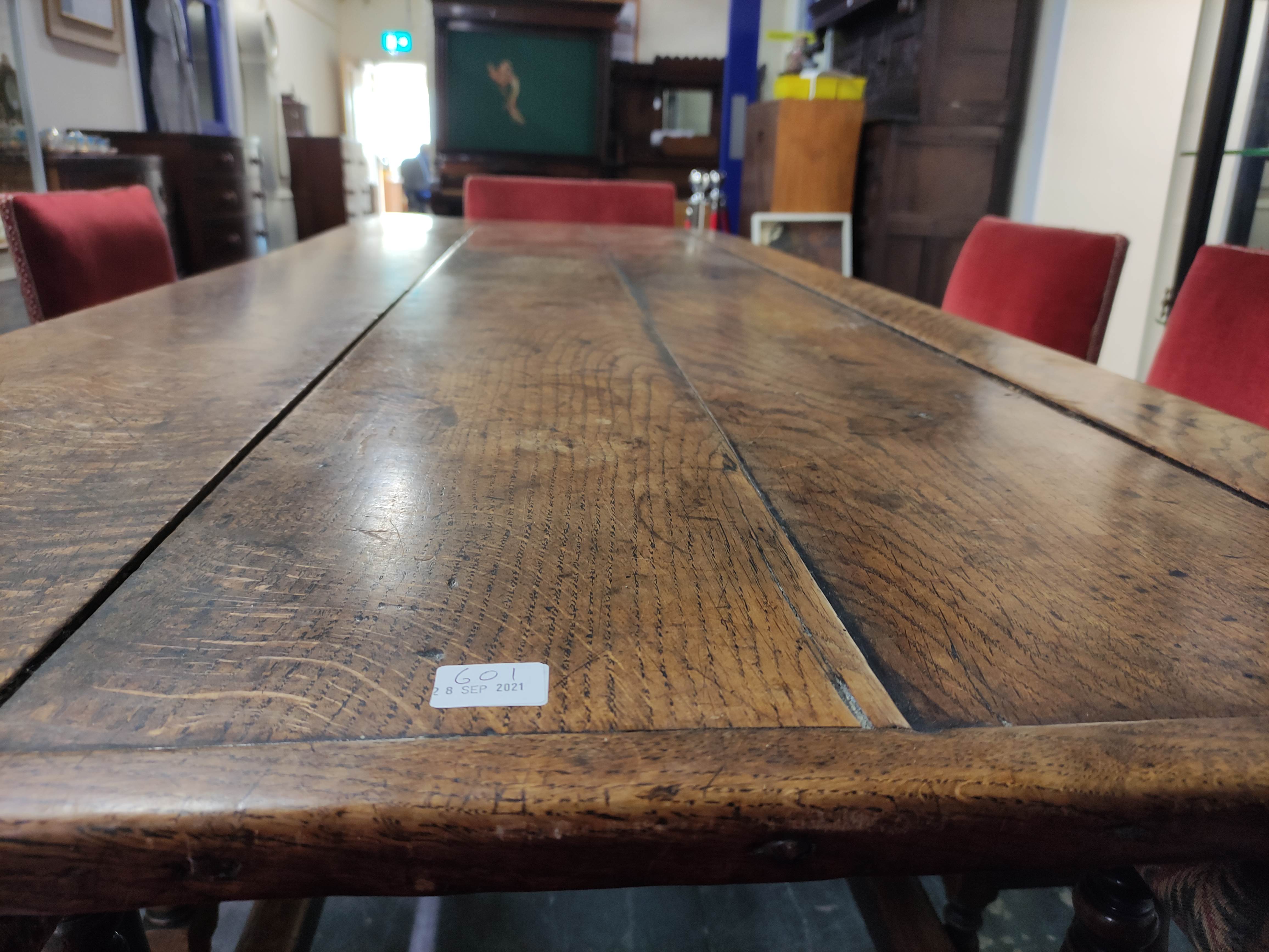 Antique oak and elm refractory dining table with cleated plank top on turned and block supports - Image 8 of 15