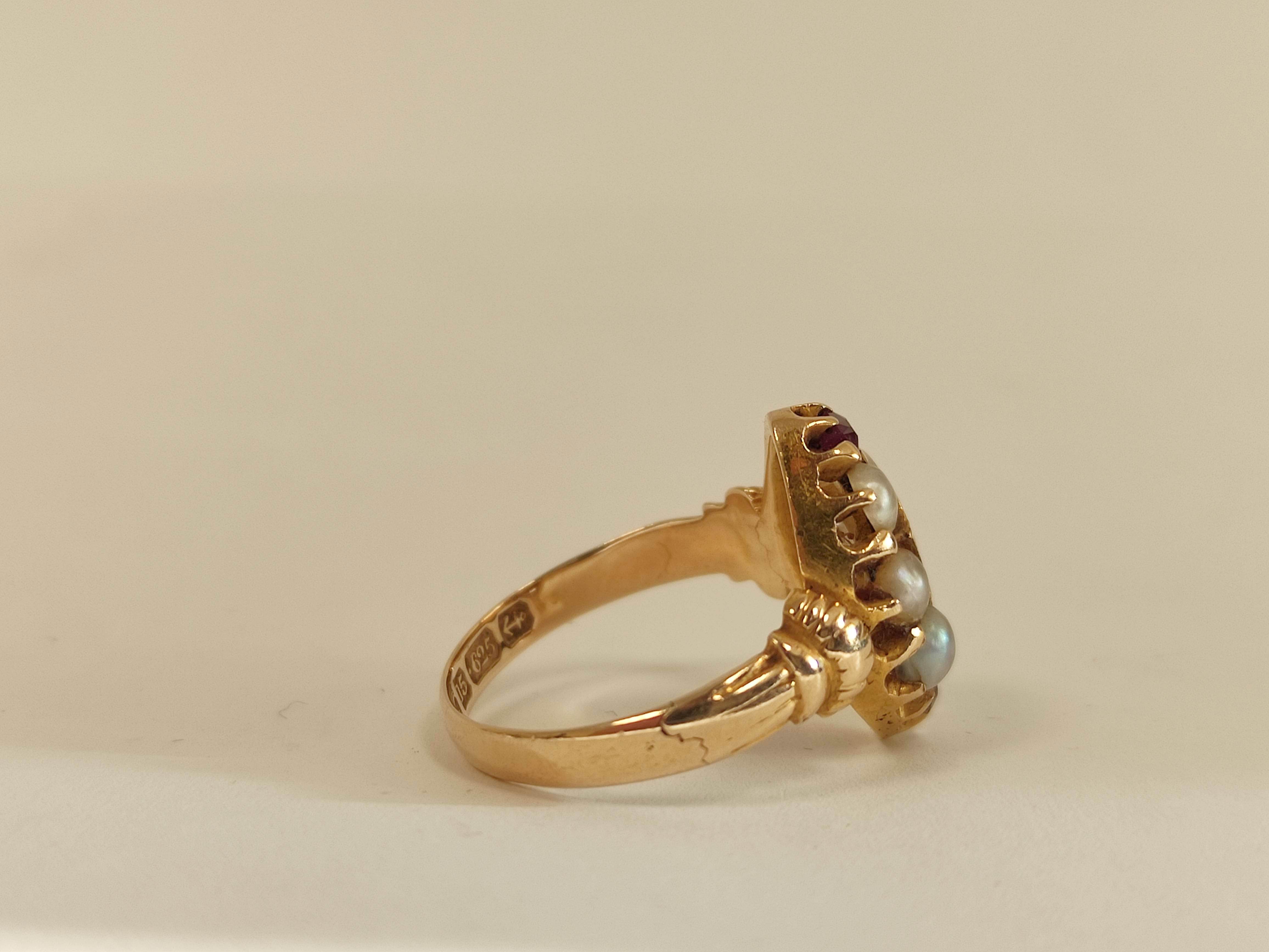 Victorian finger ring with rubies and pearls in 15ct gold, Registration Mark c1870. Size 'J½'. - Image 3 of 5