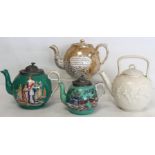 19th century lustre teapot of globular form with bark effect transfer decoration and panels of