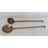 19th century beaten copper ladle, 56cm long and a similar skimmer, 60cm long.  (2).