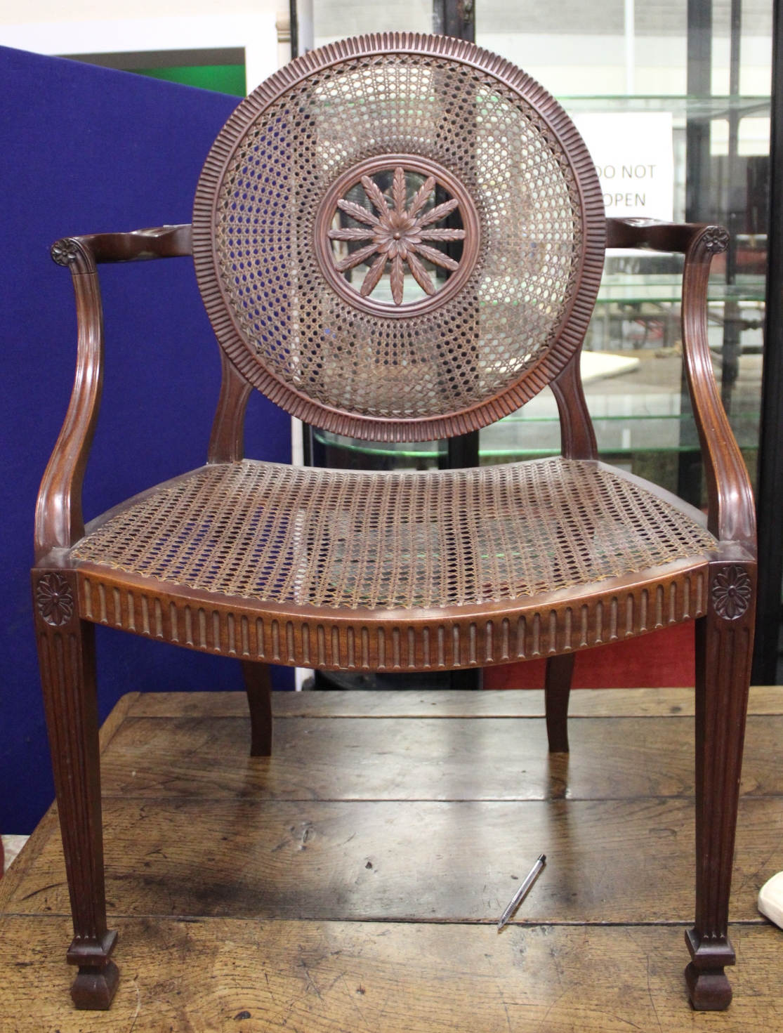 A pair of Sheraton revival mahogany open elbow chairs, the bergere caned circular backs with central - Image 17 of 20