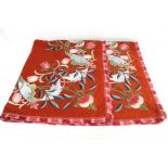 Late 19th or early 20th century red baize tablecloth with embroidered decoration of flowers and