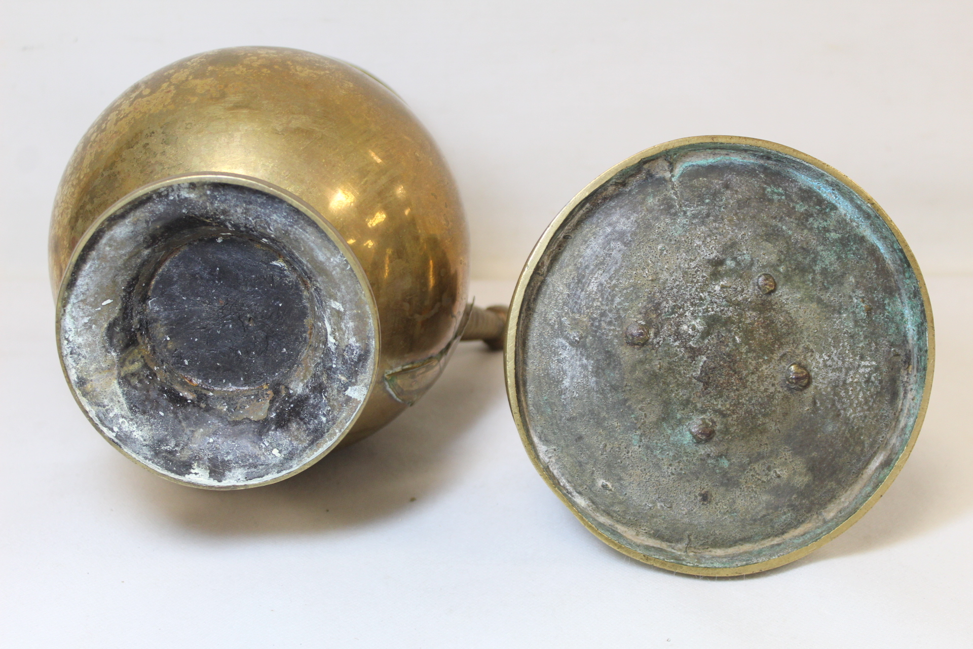 Two Eastern brass hookah bases, one of baluster form with flared rim, twisted conical spout with bud - Image 6 of 6