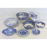 Eight pieces of early 19th century blue and white transfer pattern pottery, including "Russian