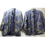 Two vintage Chinese lady's jackets in blue brocade decorated with pavilions and animals amongst