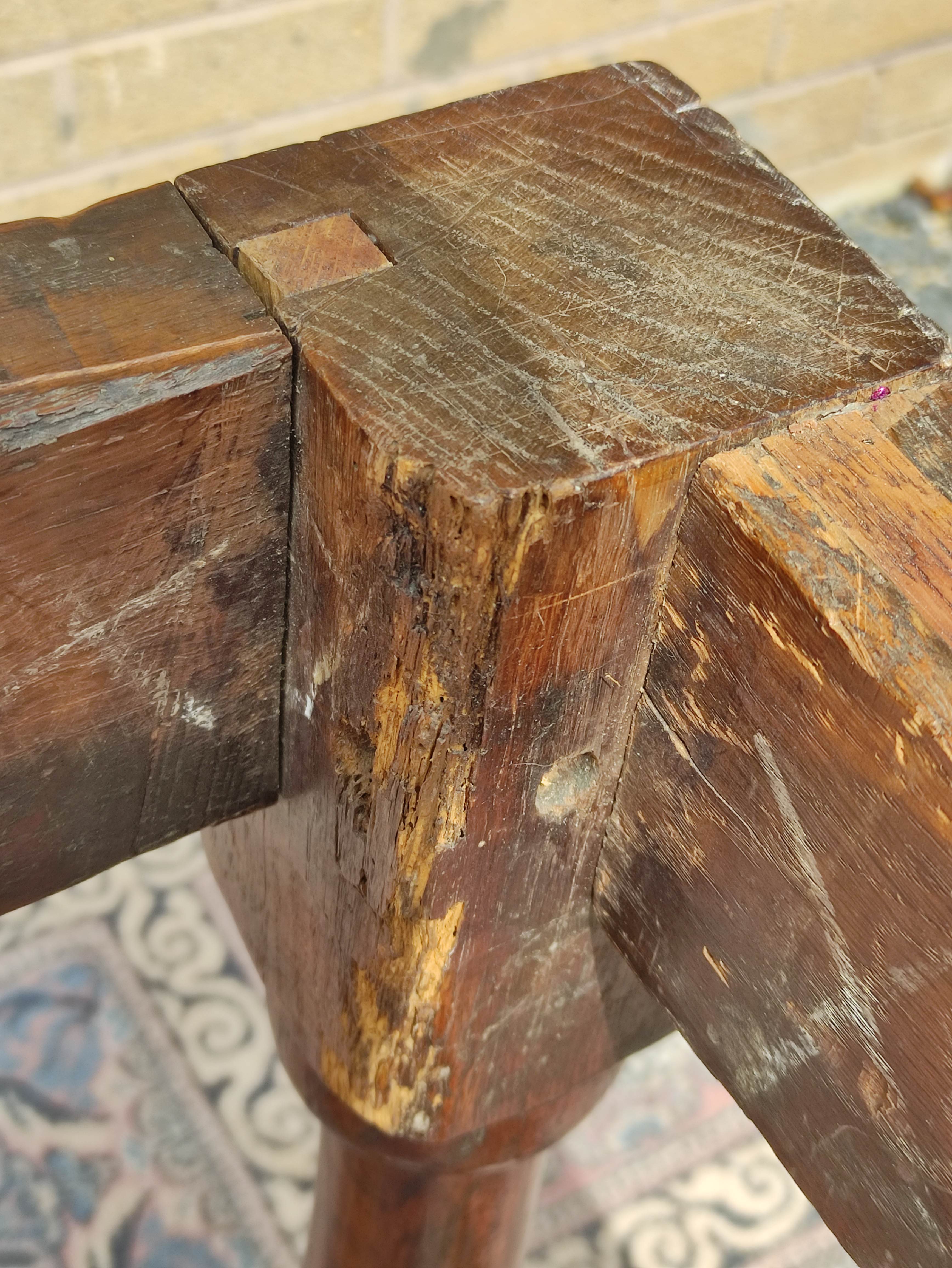 Antique oak and elm refractory dining table with cleated plank top on turned and block supports - Image 7 of 15