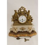 French spelter mantle timepiece with two figures on giltwood base. 32cm.