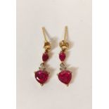 Pair of synthetic ruby and diamond drop earrings.