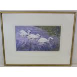 JUNE BENNETT (CUMBRIAN 1935-2013). Three swans. Oil on board. 21cm x 36cm. Signed, dated (19)87.