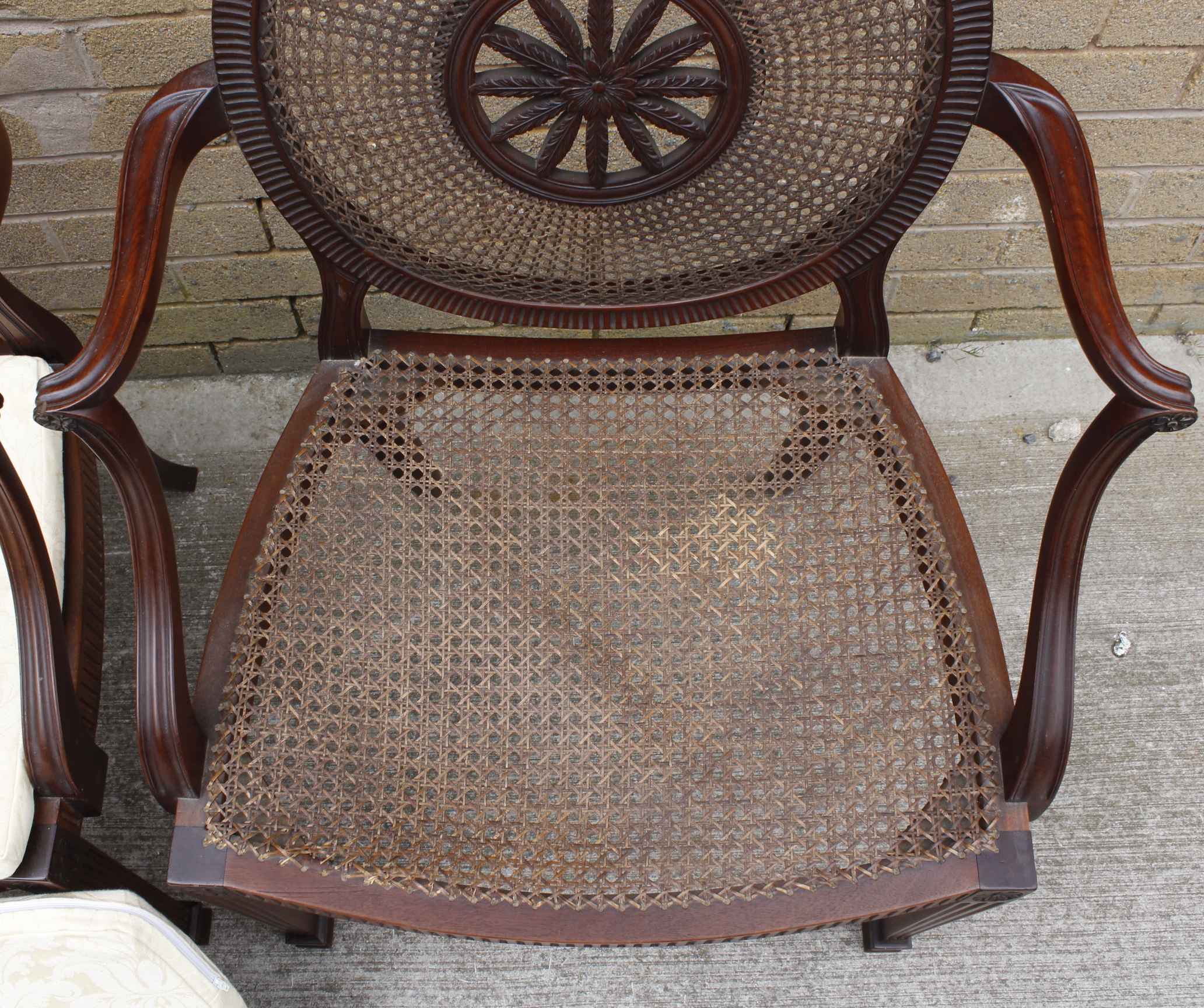 A pair of Sheraton revival mahogany open elbow chairs, the bergere caned circular backs with central - Image 4 of 20