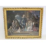 George III and Family, a hand coloured print after an original by Zoffany, 57cm x 59cm, in