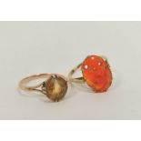 Citrine ring in gold '9ct' and another with carved carnelian. (2).