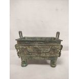 Large Chinese bronze rectangular censer (fangding) in archaic  style, 19cm high.
