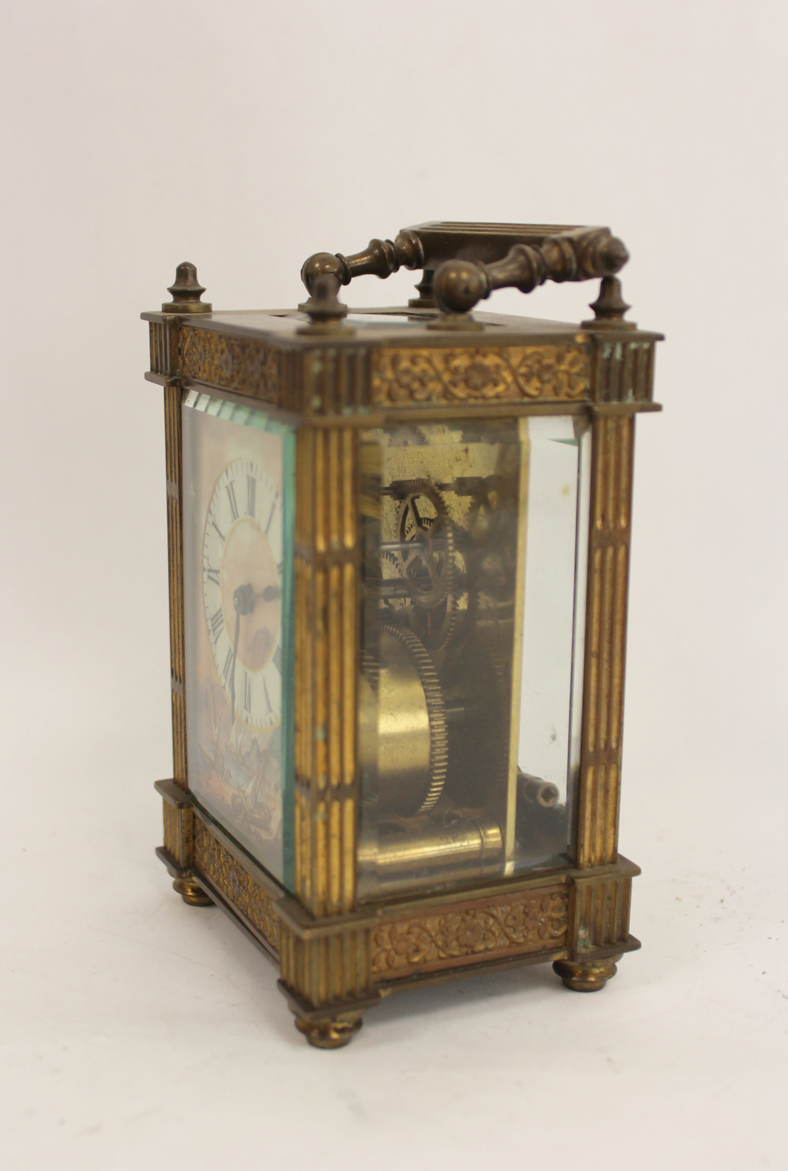 Cylinder carriage timepiece with painted and gilt porcelain dial depicting a coastal scene with - Image 3 of 5