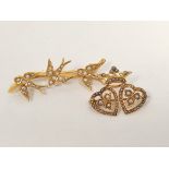 Gold and pearl triple swallow brooch and another similar with two hearts and coronet, probably 15ct,