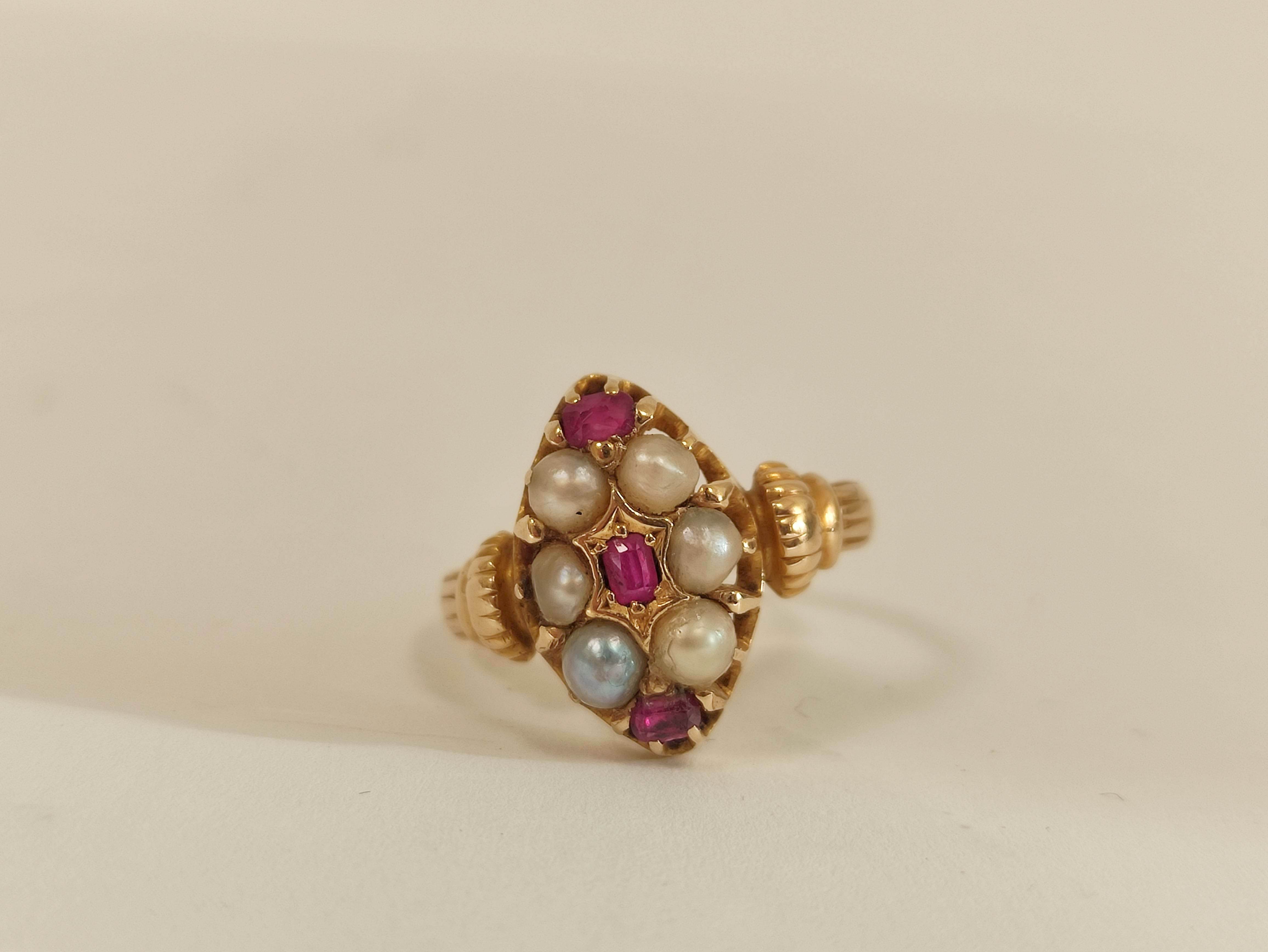 Victorian finger ring with rubies and pearls in 15ct gold, Registration Mark c1870. Size 'J½'. - Image 2 of 5