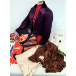 Collection of late 19th, early 20th century and later costume including a plum satin tailcoat with