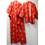 Modern Japanese kimono in red ikat style cotton with matching jacket.