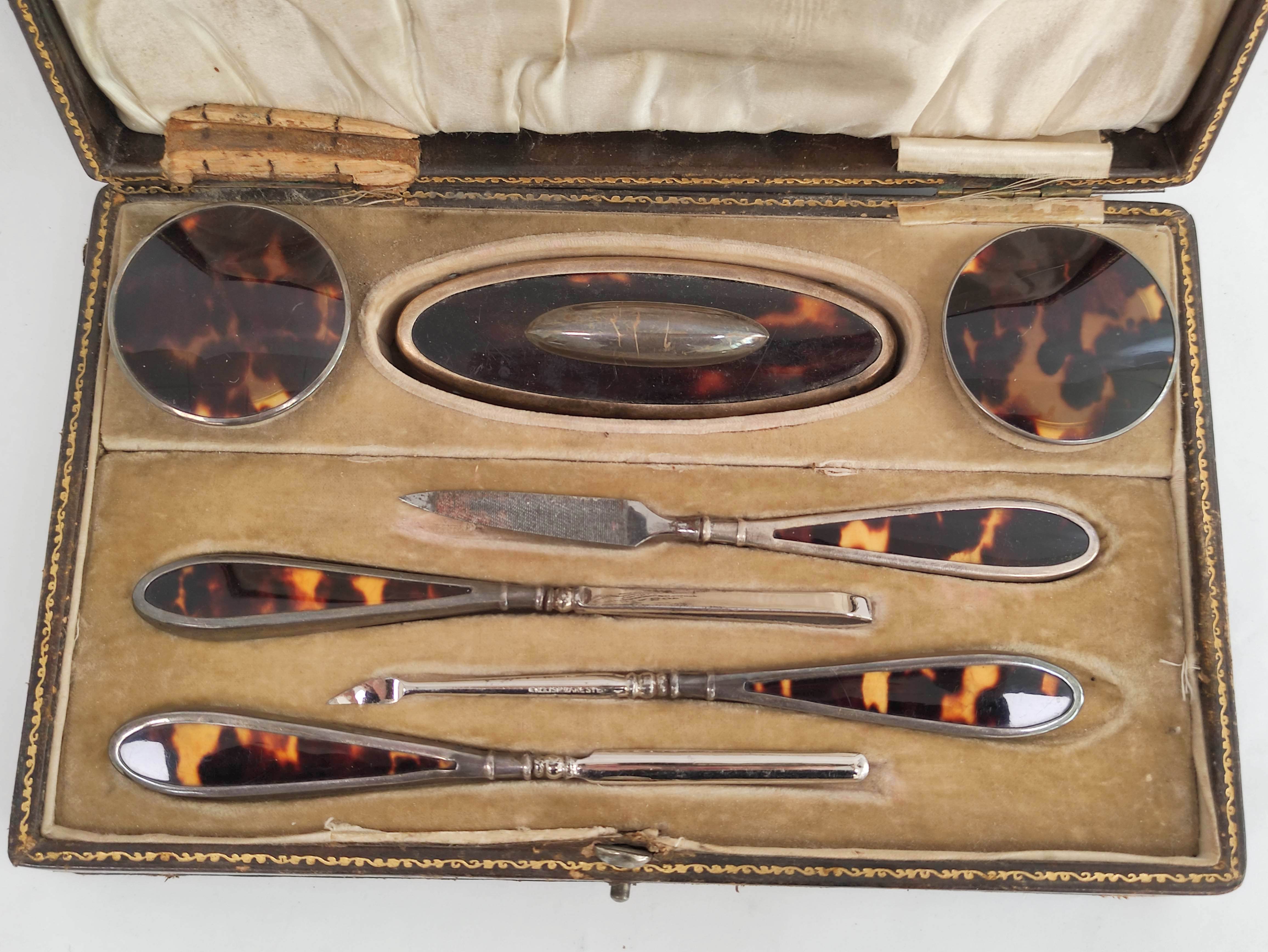 Silver mounted tortoiseshell manicure set in fitted case, Chester 1922, for Grant Castle. - Image 2 of 6