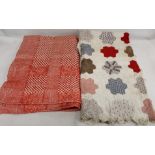 Victorian small pieced patchwork bedspread in plain and printed cottons with flowerhead motifs,