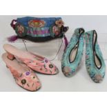Pair of vintage Chinese lady's pink silk shoes of low mule form with embroidered floral