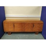 Retro walnut, burr elm and laburnum sideboard, designed by Gordon Russel for South Acre, Oadby,