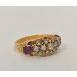 Victorian 15ct gold ring with amethysts and pearls, Chester 1866. Size 'Q'.