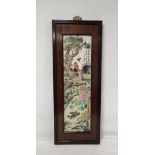 Large framed Chinese porcelain plaque depicting a cockerel and other birds in flowers and foliage.