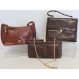 1960's Mappin & Webb handbag in brown leather lizard skin with gilt hardware, 25cm long; a