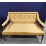 Edwardian walnut parlour settee, upholstered in a pale green button back draylon, decorated with