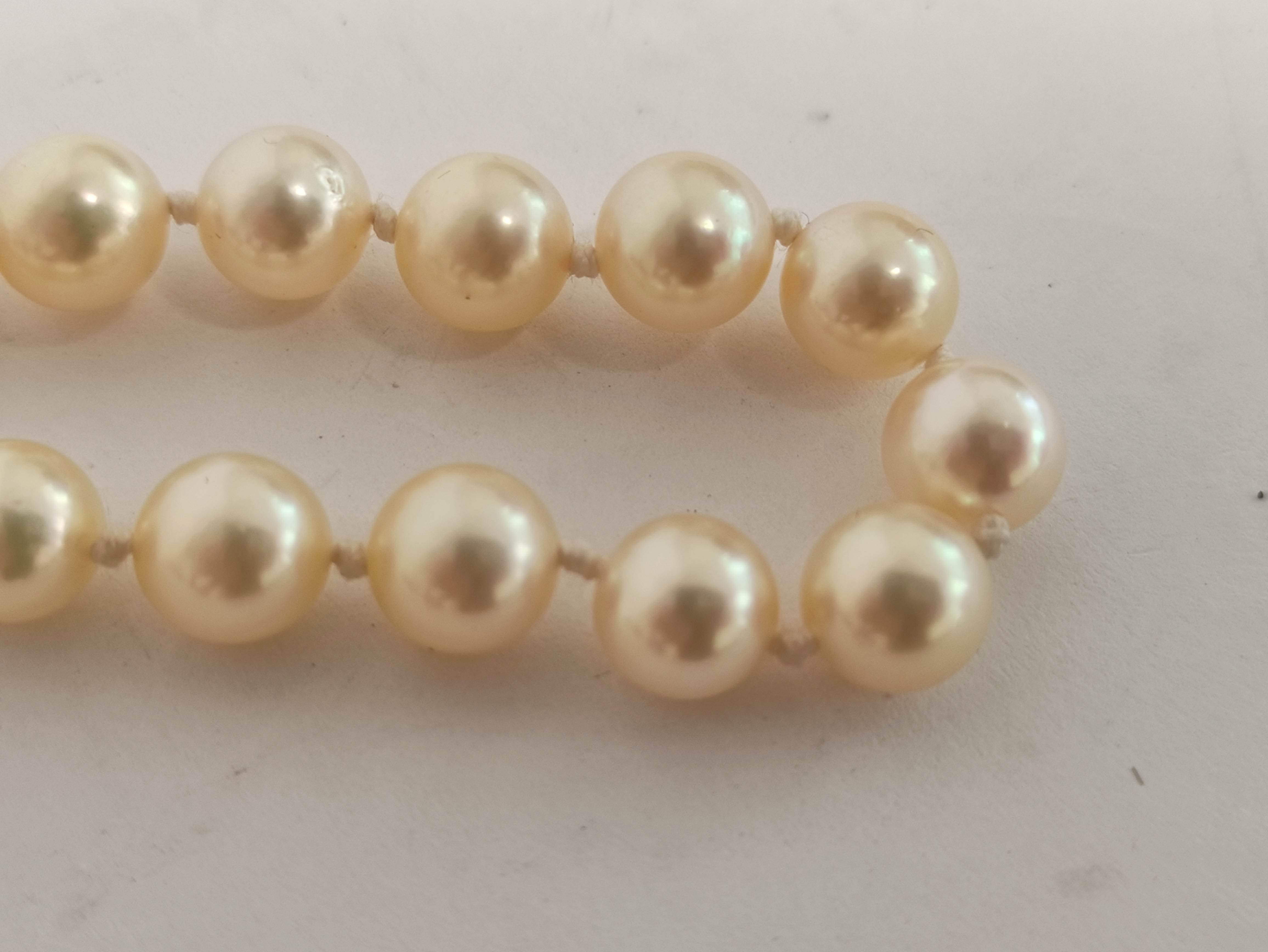 Necklace of equal sized cultured pearls, opera length on diamond set gold ball snap '.750'. - Image 4 of 6