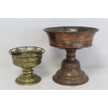 Antique tinned copper tazza or comport, the flared bowl with reeded banding on reeded stem and