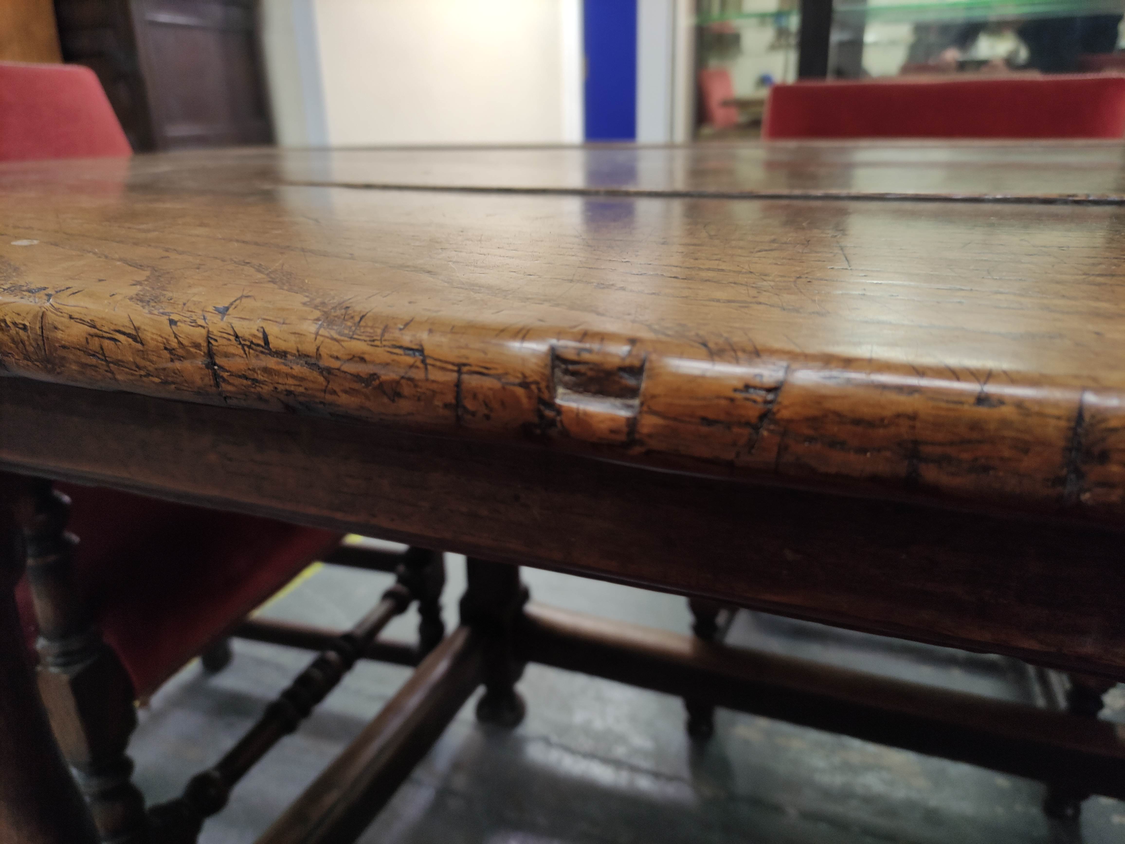 Antique oak and elm refractory dining table with cleated plank top on turned and block supports - Image 11 of 15