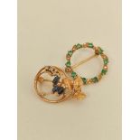 9ct gold circle brooch with tint diamonds and emeralds and another with diamonds and sapphires. 6g