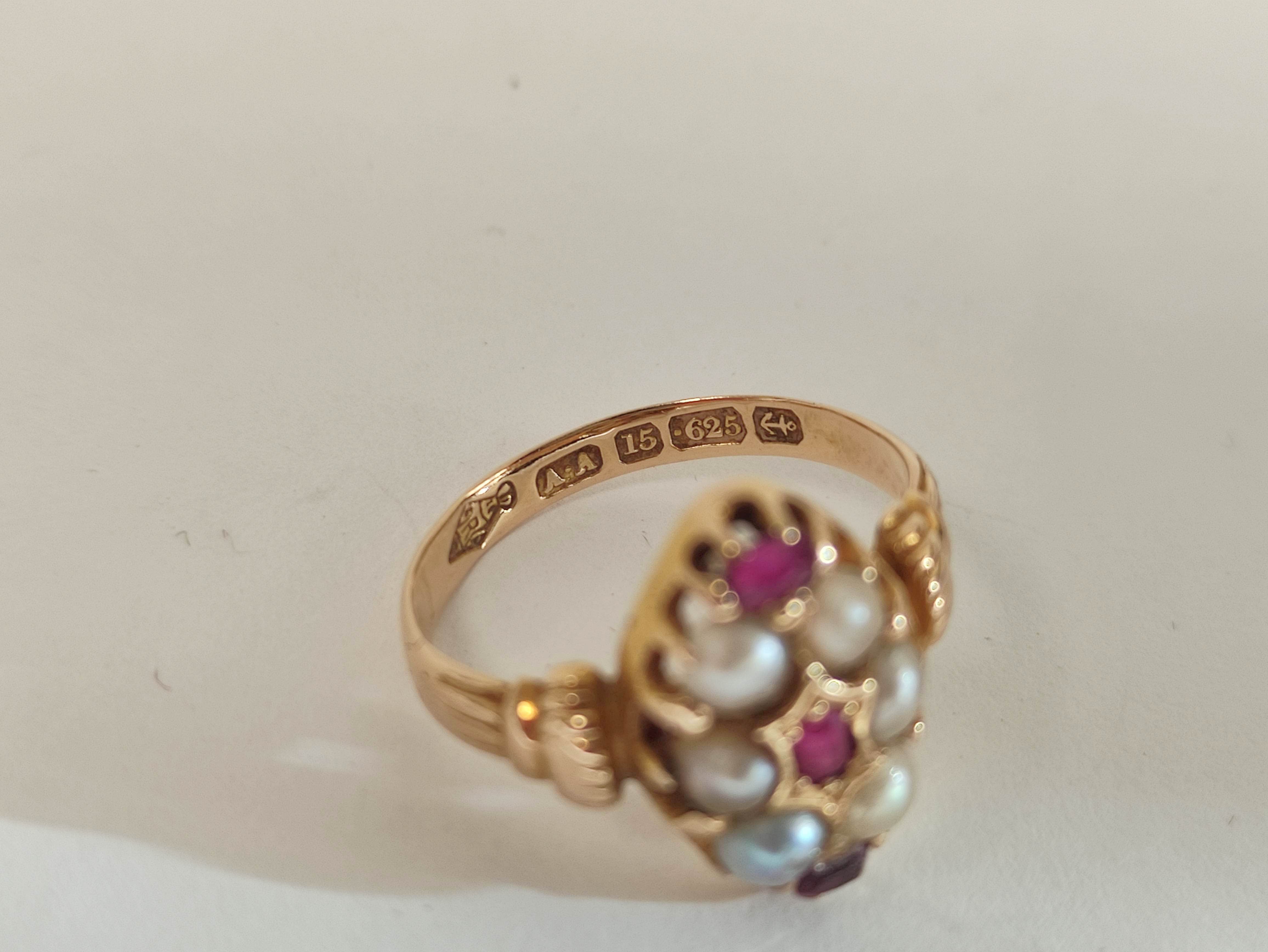 Victorian finger ring with rubies and pearls in 15ct gold, Registration Mark c1870. Size 'J½'. - Image 5 of 5