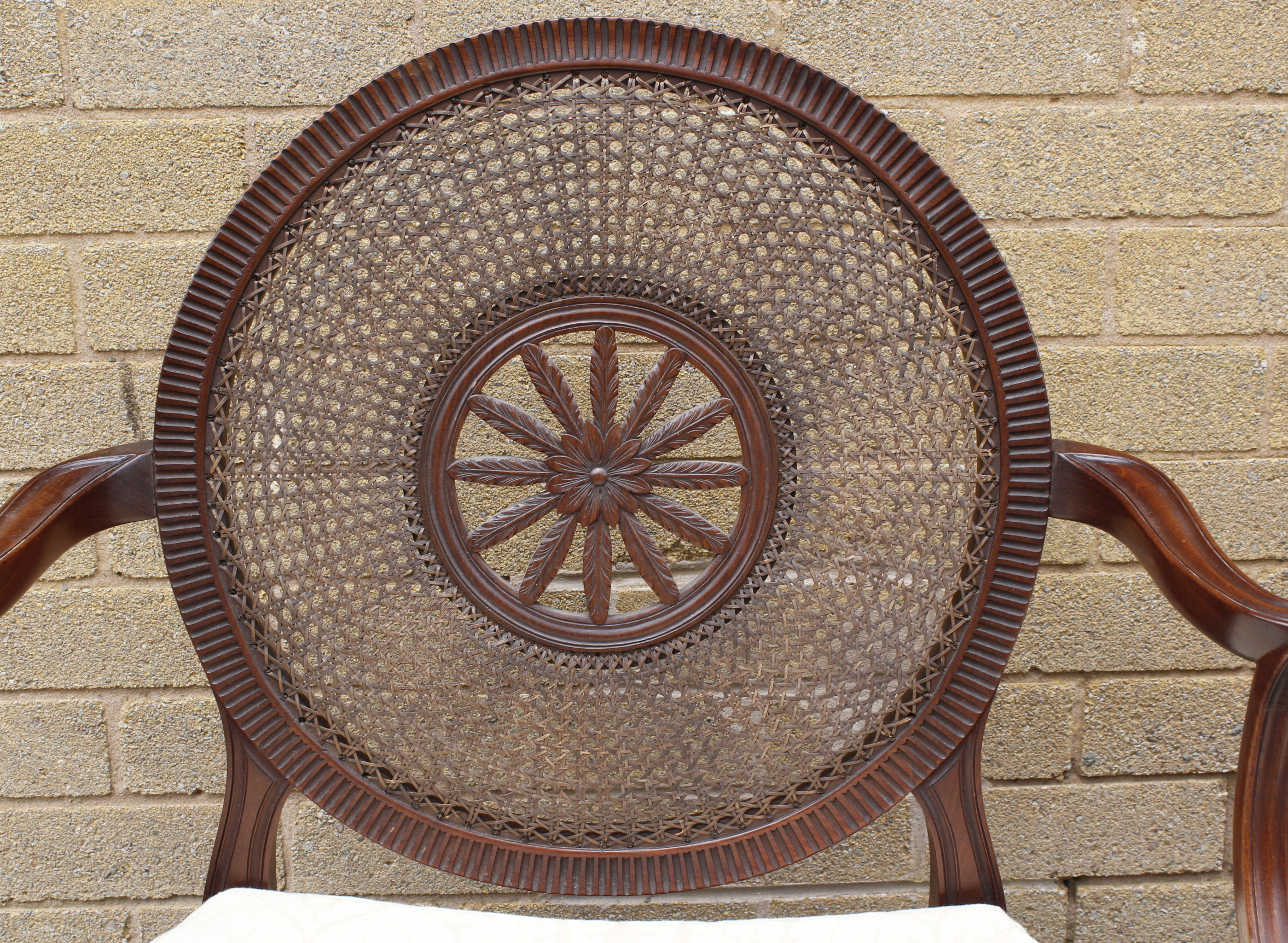 A pair of Sheraton revival mahogany open elbow chairs, the bergere caned circular backs with central - Image 2 of 20