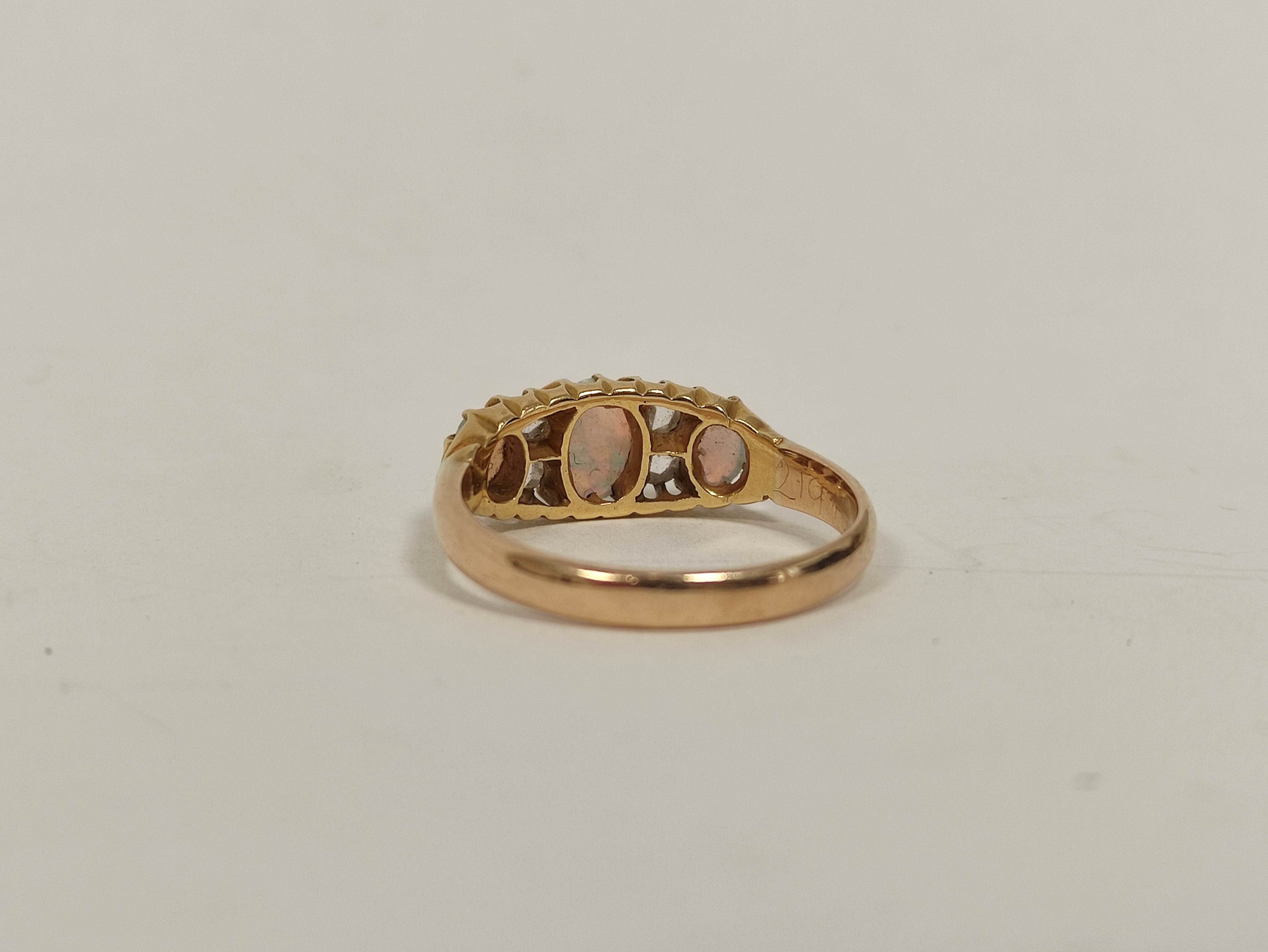 Gold ring with three opals and diamond points, probably 9ct. Size 'M'. - Image 3 of 4