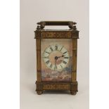 Cylinder carriage timepiece with painted and gilt porcelain dial depicting a coastal scene with