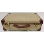 Papworth vintage suitcase in natural hessian with leather and simulated trim, 64cm wide.