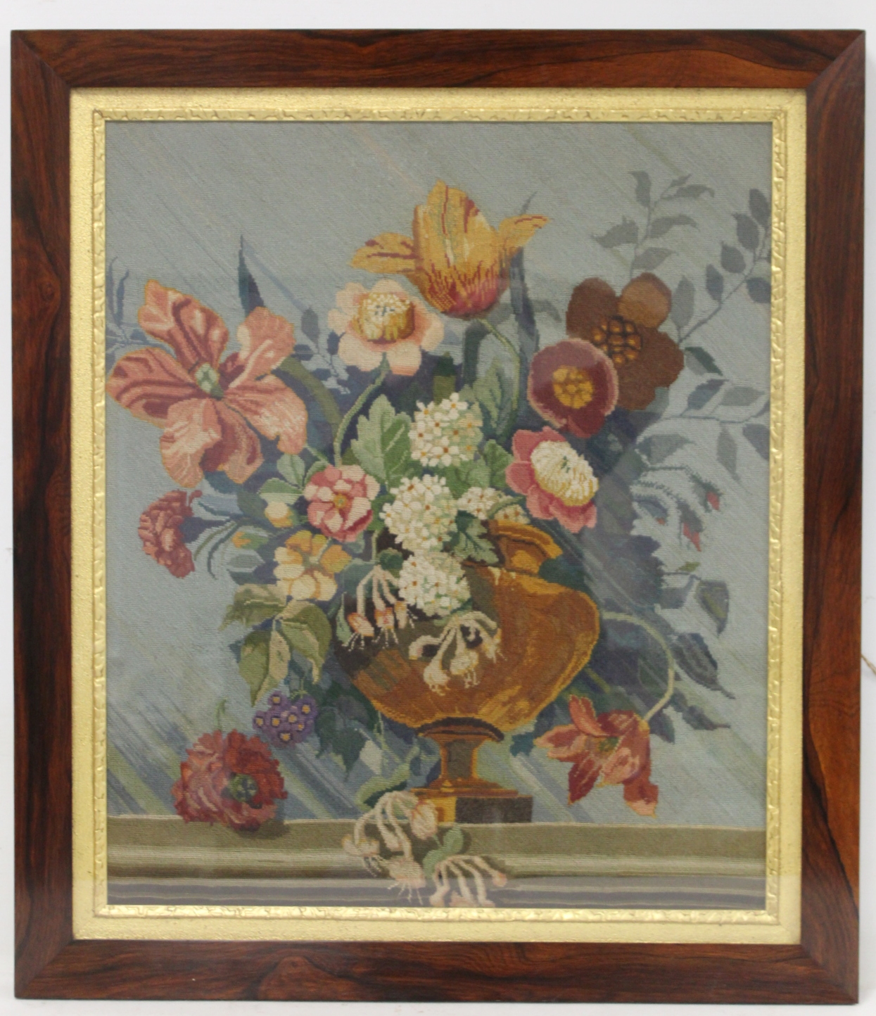 Victorian wool work tapestry picture of a vase of flowers, worked in polychrome, 60cm x 51cm, in