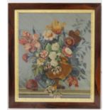 Victorian wool work tapestry picture of a vase of flowers, worked in polychrome, 60cm x 51cm, in