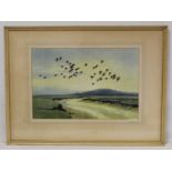 "Over the Moon" (geese in flight over an estuary), a colour print after an original by Peter