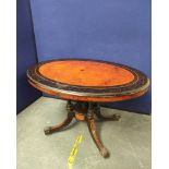 Victorian ebonised burr walnut and amboyna loo table, the oval top decorated with allover carved